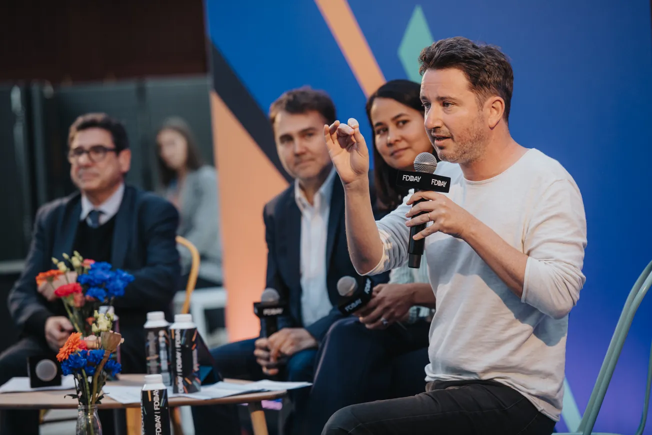 Left to right: Economist Phillipe Aghion, FD Vice president & entrepreneur Frédéric Mazella, FD MD Maya Noël, economist Gabriel Zucman. Photo by David Arous